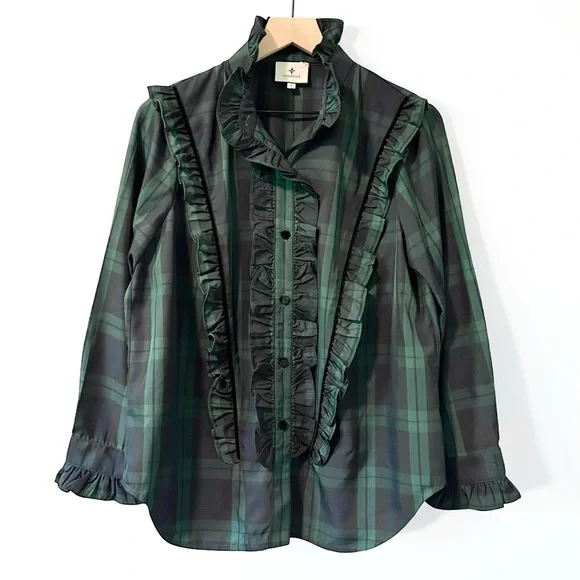 Tuckernuck Blackwatch Plaid Raegan Ruffle Button Down Shirt Womens L - Picture 2 of 6